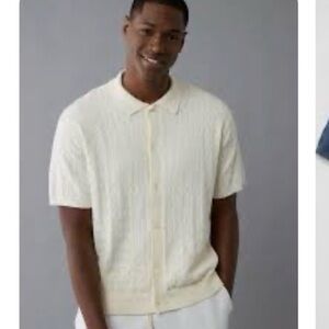 American Eagle Men's XL Cable Knit Button-Up Shirt Short Sleeve White